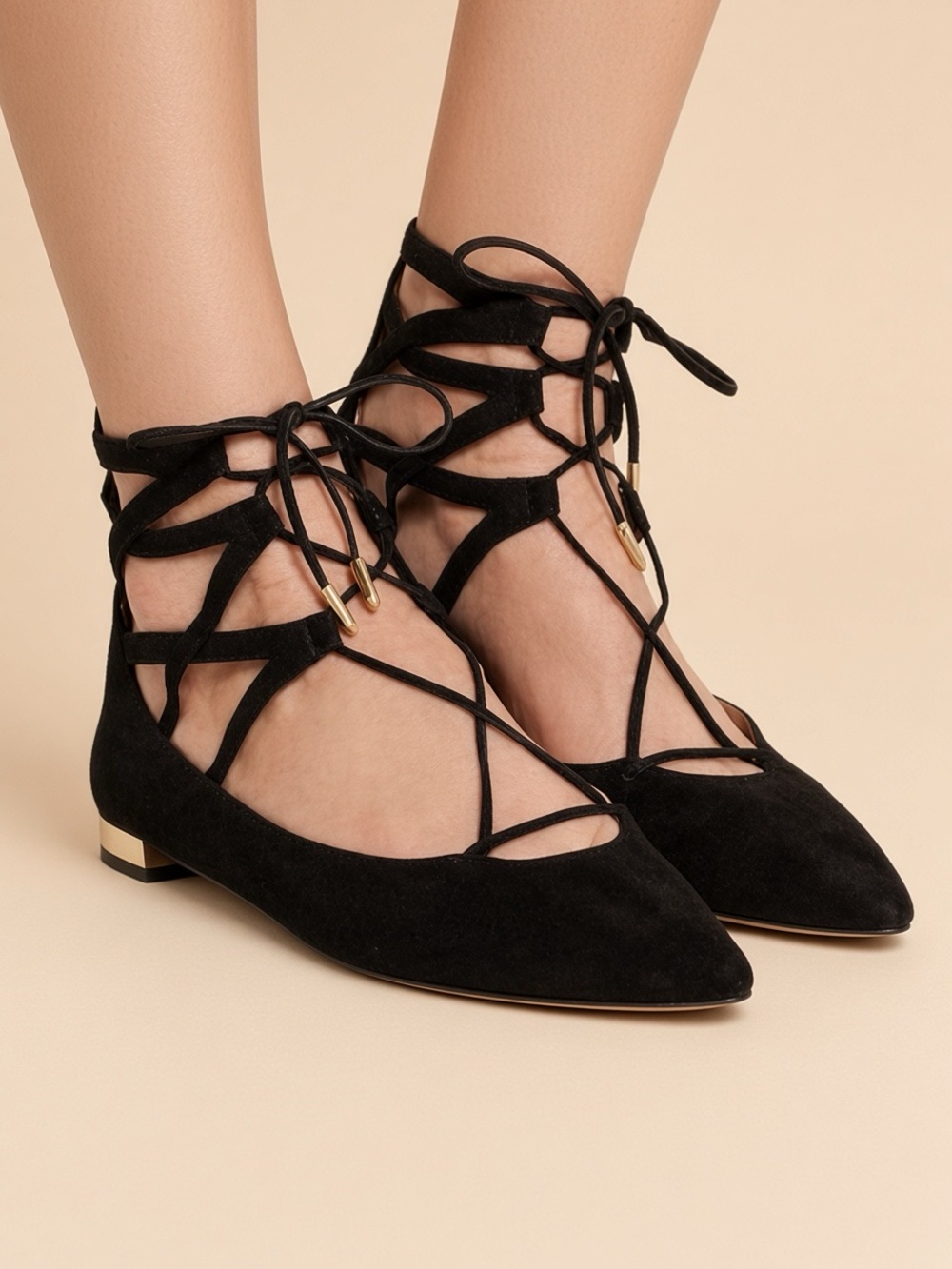 Aquazzura Black Suede Lace-Up Pointed Flats